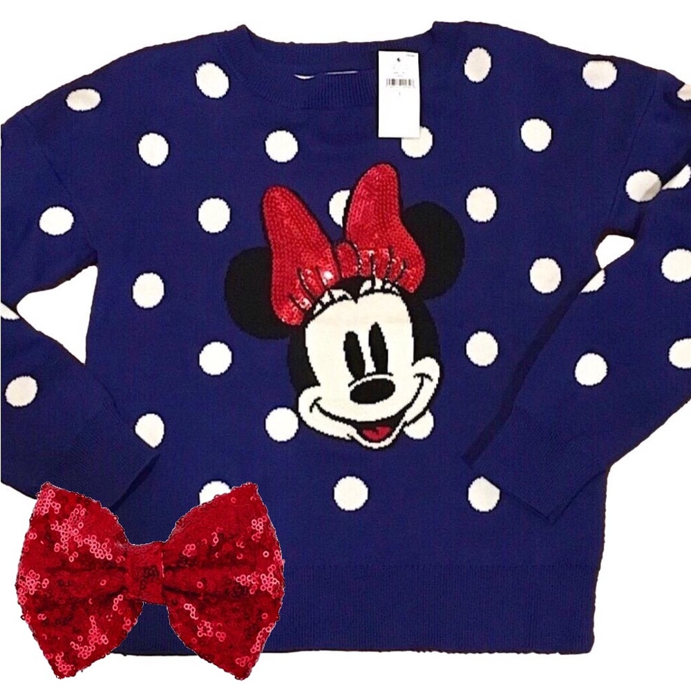 GAP Minnie Mouse Sequin Polka Dot Sweater & Sequin Hair Bow Size: LARGE